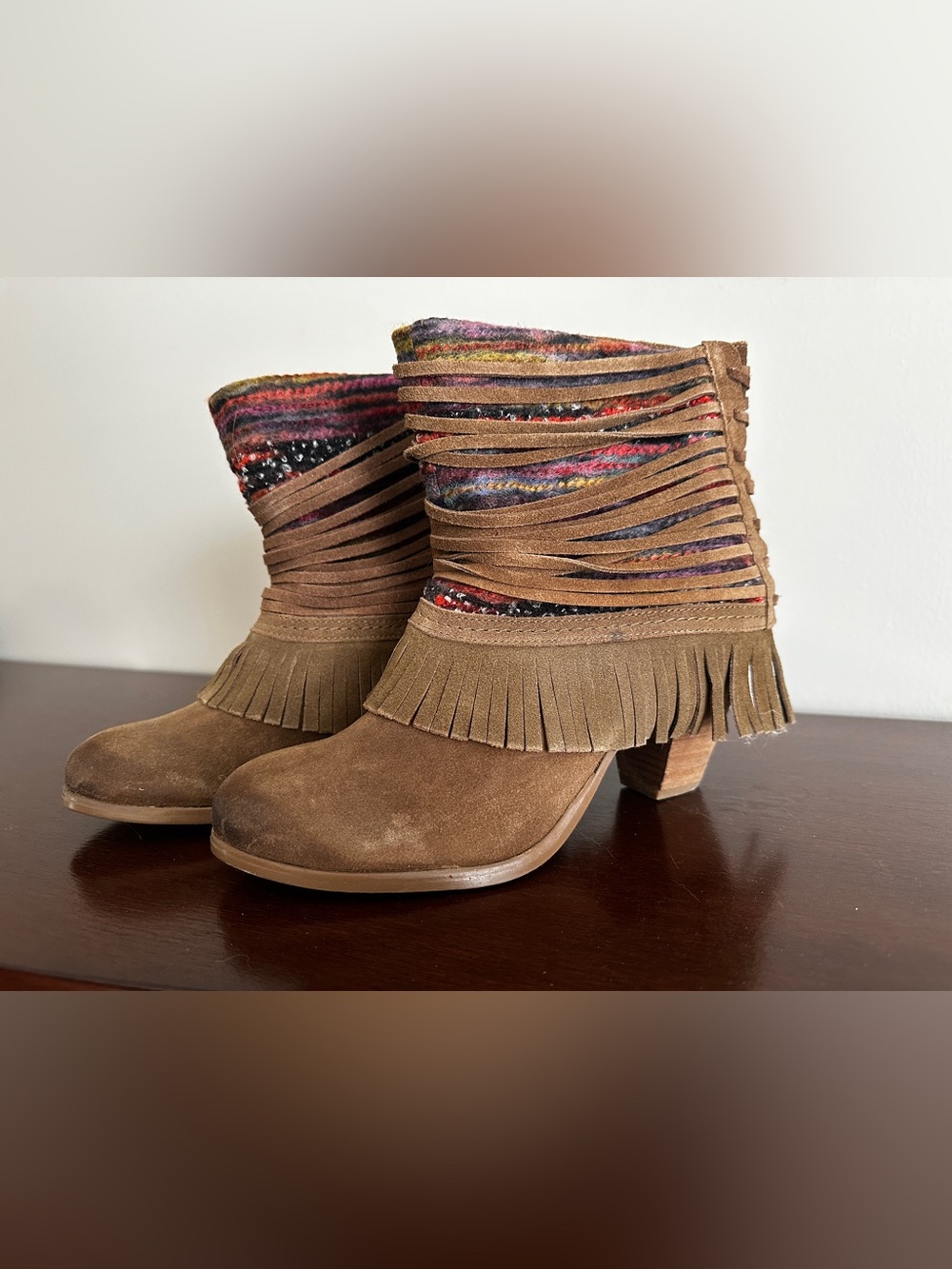 Brown Suede Fringe Ankle Boots with Multicolor Knit Cuff